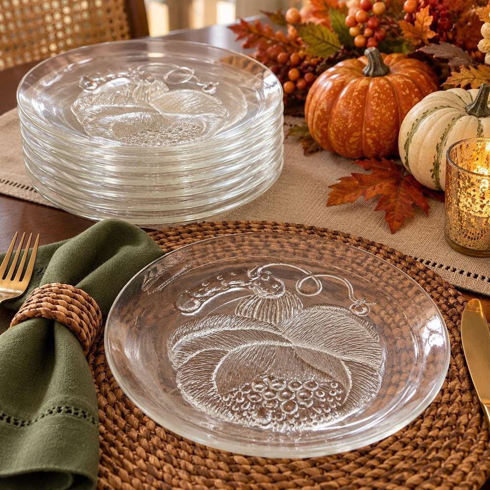 VTG Arabia Finland Finn Crystal Glass Salad Plates Set of 8 Harvest Fruit Gourd